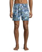 Floral-print Swim Trunks, Blue Pattern