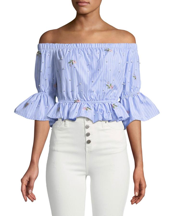 Floral-embroidered Striped Crop Blouse