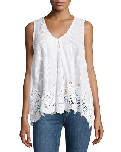 Mantilla Embroidered V-neck Tank, White
