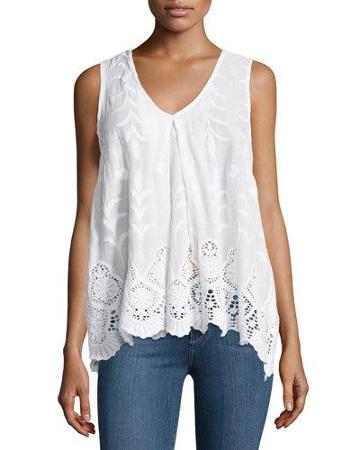 Mantilla Embroidered V-neck Tank, White