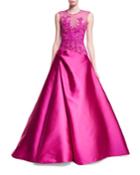 Sleeveless Embroidered Illusion Ball Gown