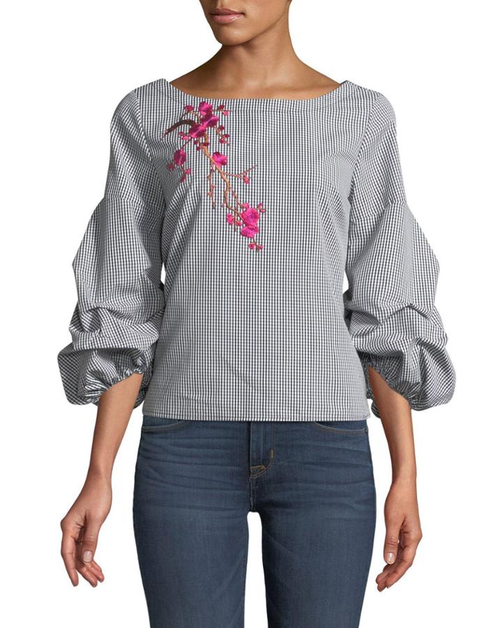 Embroidered Gingham Blouse With Ruched