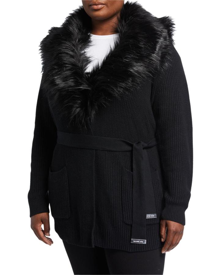 Plus Size Faux-fur-collar Tie-waist