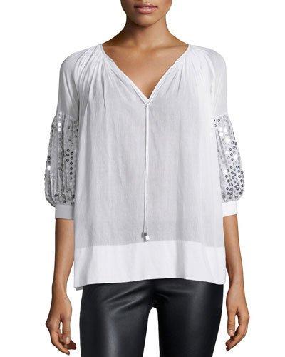 Paillette-sleeve V-neck Blouse, Optic White