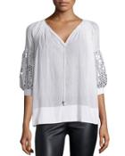 Paillette-sleeve V-neck Blouse, Optic White