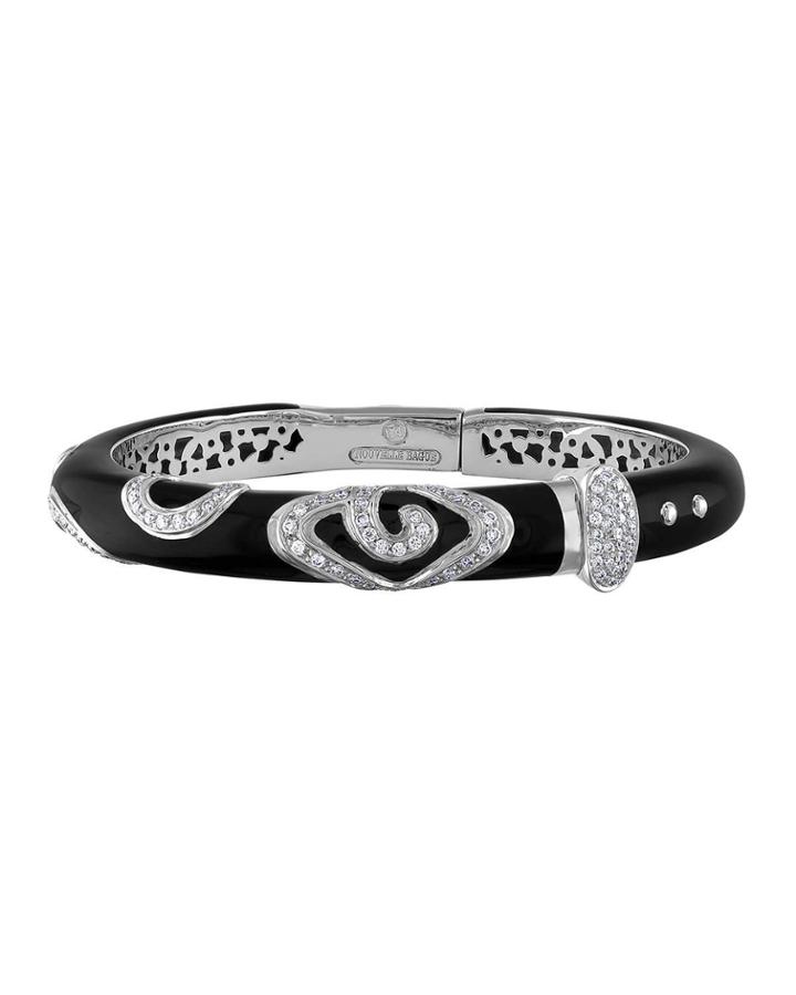 18k White Gold Enamel & Diamond Pave Bangle, Black