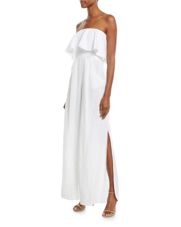 Sleeveless Stretch Denim-linen Ruffle Jumpsuit