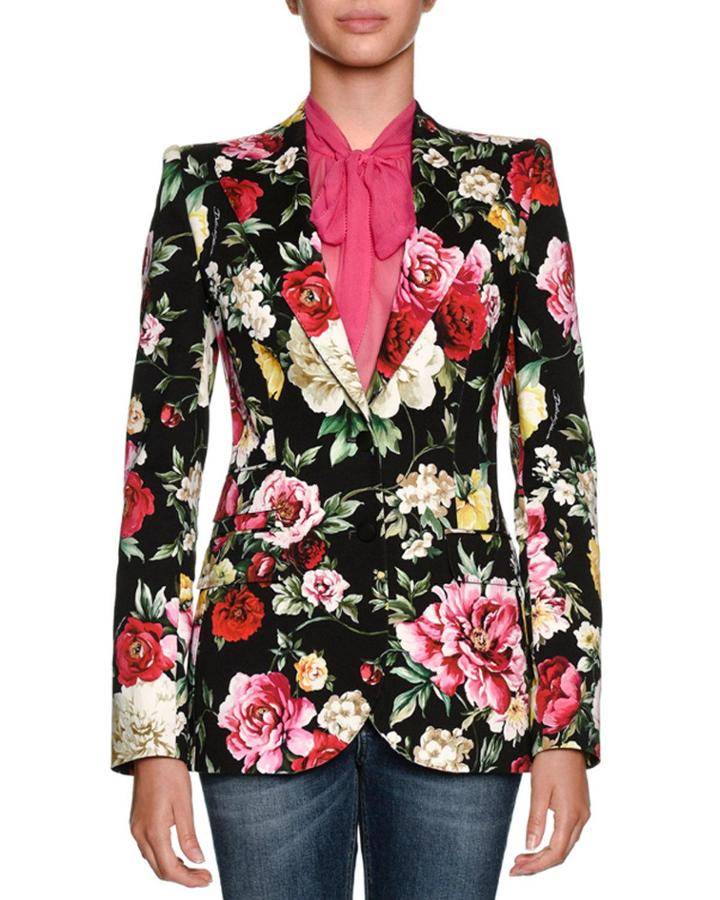 Single-breasted Floral-print Cotton Drill Blazer