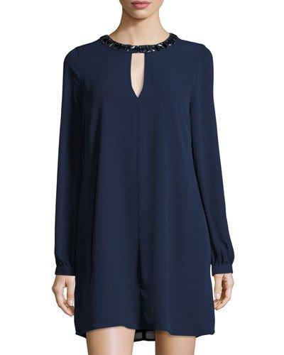 Embellished-neck Long-sleeve Shift Dress, Dark Blue