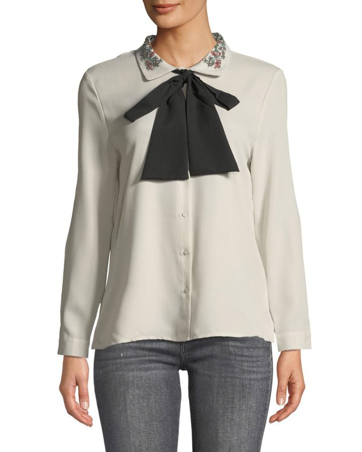 Sara Embroidered-collar Bow-tie Blouse