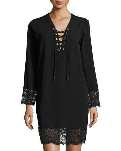 Lace-up Scallop-trim Dress, Black