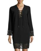 Lace-up Scallop-trim Dress, Black