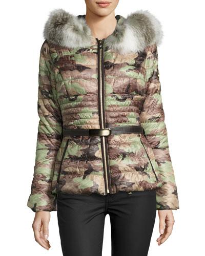 Fur-trim Camouflage Puffer Coat