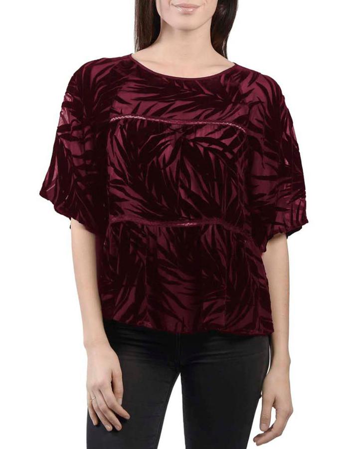 Palm Leaf Velvet Burnout Short-sleeve Top W/