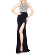 Beaded Bodice Jersey Halter Gown With Thigh