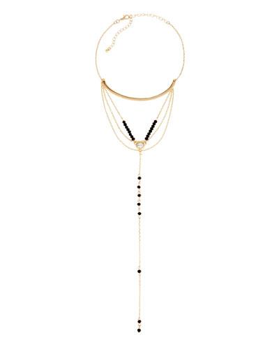 Long Layered Black Crystal Y-drop Necklace, Golden