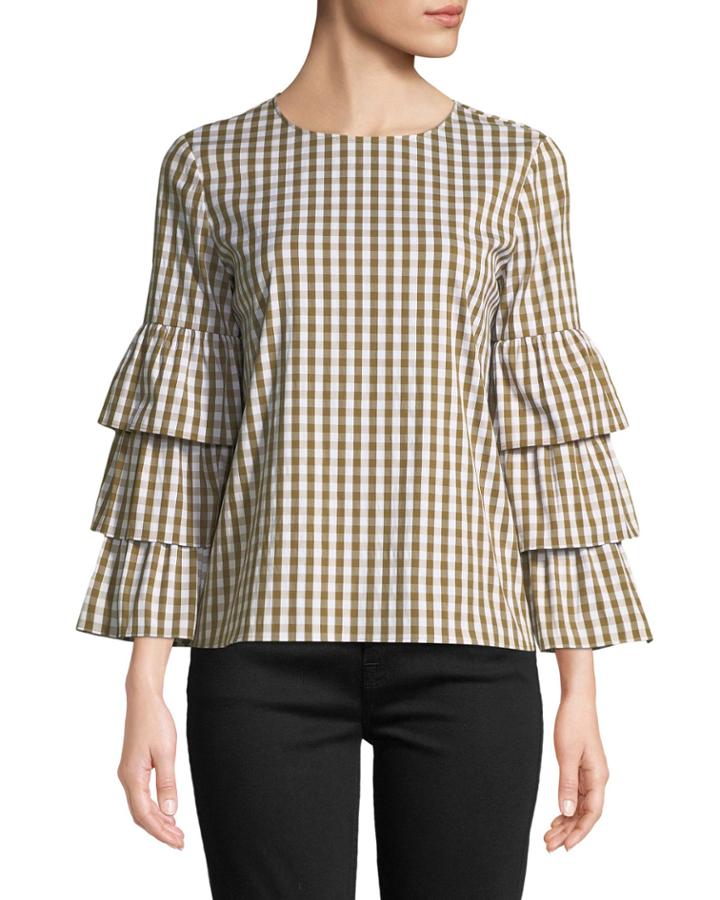 Mabel Gingham Poplin Tiered-sleeve Blouse