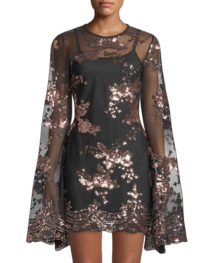 Liona Sequined Bell-sleeve Illusion Dress
