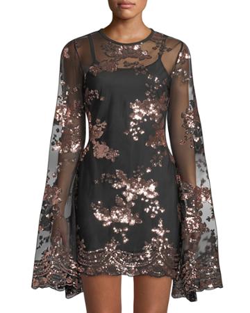 Liona Sequined Bell-sleeve Illusion Dress