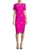 Floral Lace Short-sleeve Sheath Dress, Fuchsia