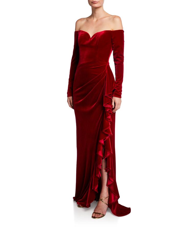 Off-the-shoulder Long-sleeve Velvet Column Gown W/ Asymmetric