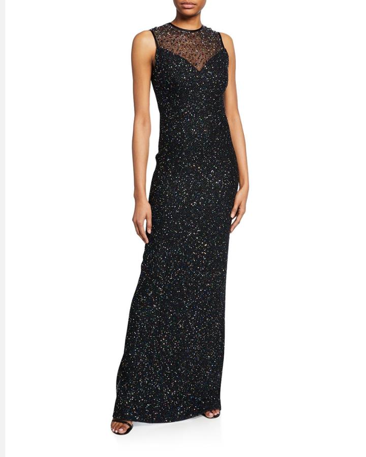Confetti Sequin Sweetheart-illusion Sleeveless Column Gown