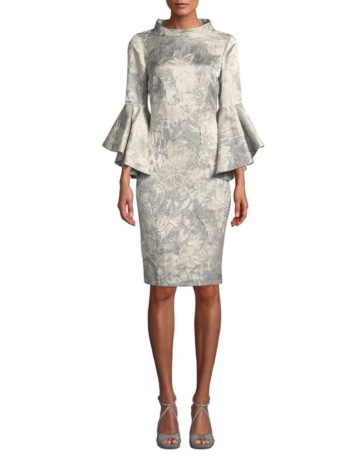 Funnel-neck Flutter-sleeve Floral-jacquard Cocktail Dress