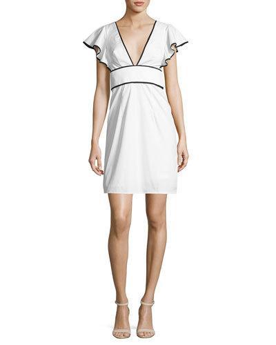 Deni Flutter-sleeve Poplin Minidress, White