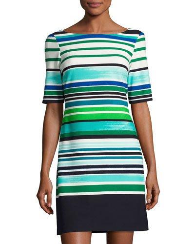 Half-sleeve Striped Shift Dress, Green/blue