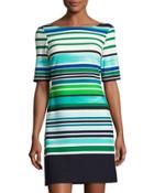 Half-sleeve Striped Shift Dress, Green/blue