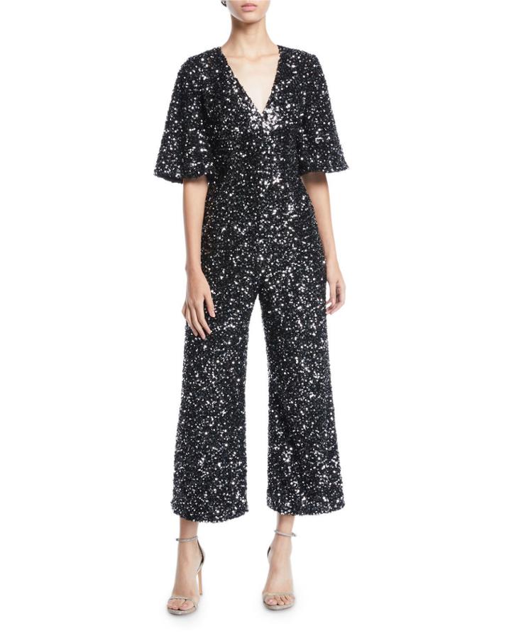 V-neck Short-sleeve Sequin Jumpsuit