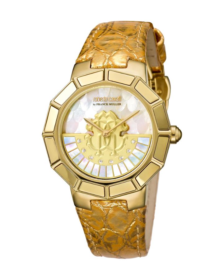 37mm Leather Watch W/ Rotating Diamond Dial, Gold/white