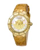37mm Leather Watch W/ Rotating Diamond Dial, Gold/white