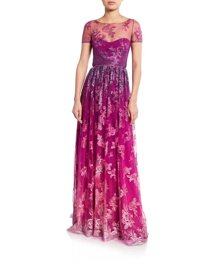 Ombre Metallic Embroidered Short-sleeve Illusion Gown With Open-back