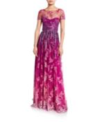 Ombre Metallic Embroidered Short-sleeve Illusion Gown With Open-back
