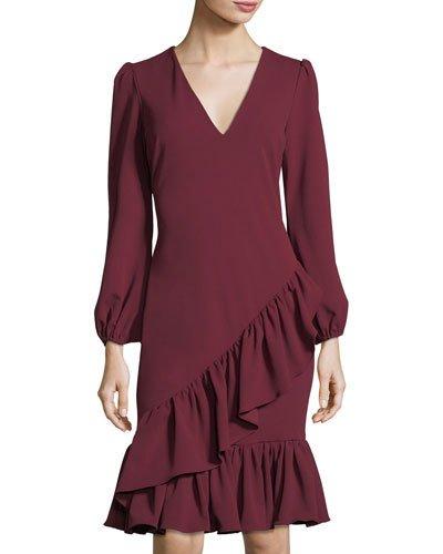 V-neck Long-sleeve Ruffled Dress