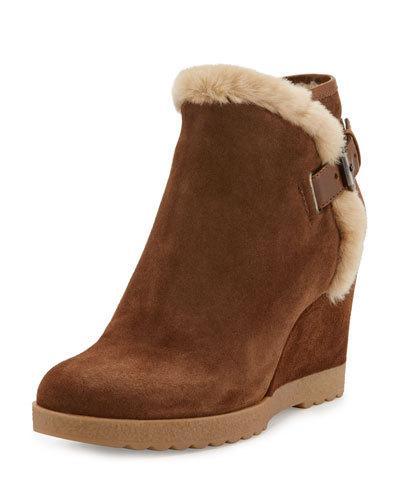 Christa Faux-fur Suede Wedge Bootie, Chestnut