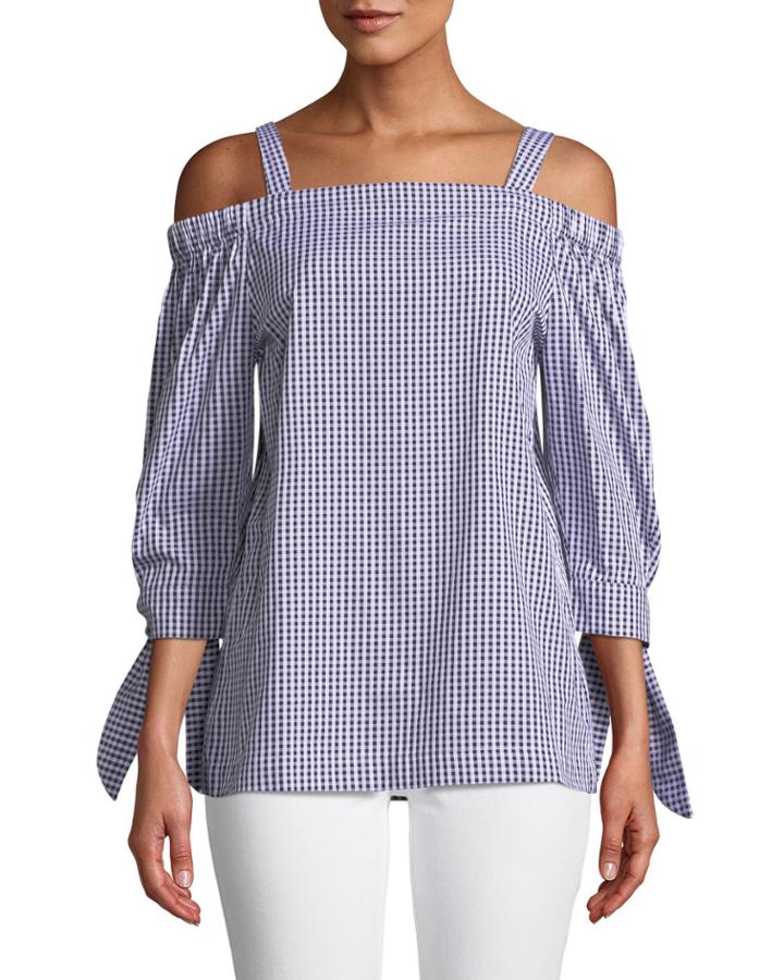 Cali Gingham Cold-shoulder Tie-sleeve Blouse