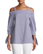 Cali Gingham Cold-shoulder Tie-sleeve Blouse