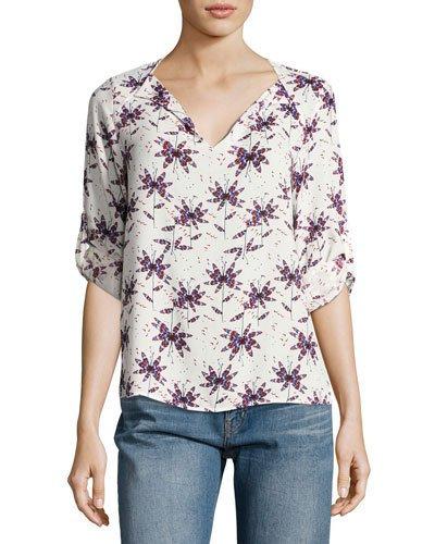 Floral-print Split-neck Top, Blue