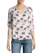 Floral-print Split-neck Top, Blue