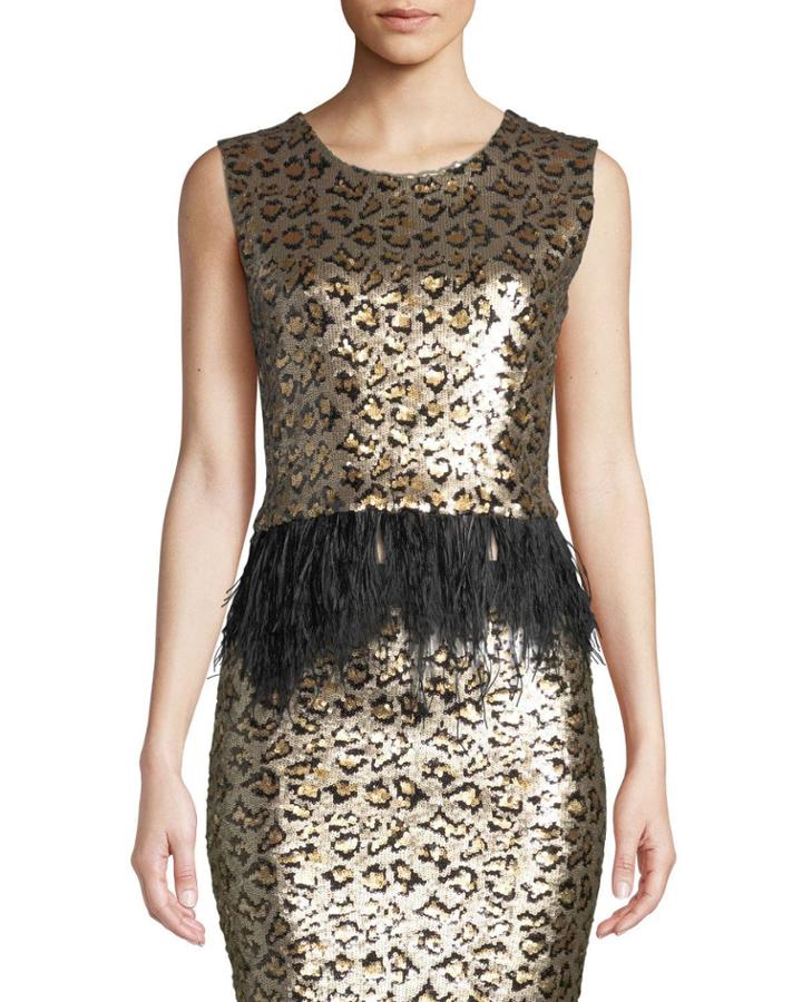 Liza Fitted Cropped Sequin Top With Ostrich Feathers