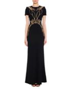 Short-sleeve A-line Evening Gown With Sequin Orchid Embroidery