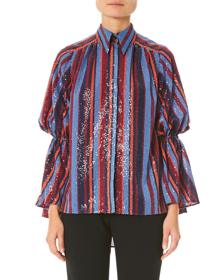 Sequined Puff-sleeve Button Front