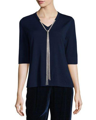Chain-trimmed Half-sleeve Wool Sweater, Galaxy Blue