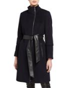 Stand Collar Faux-leather Belted Wool-blend Coat