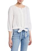 Linen Embroidered Tie-front Top