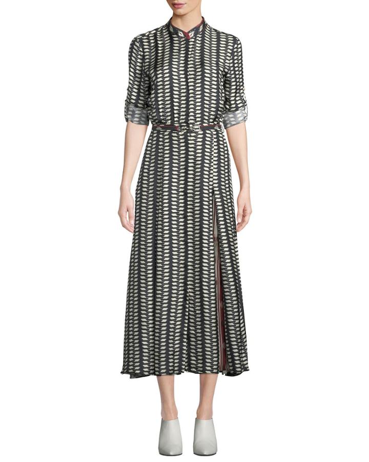 Belted Long-sleeve Printed