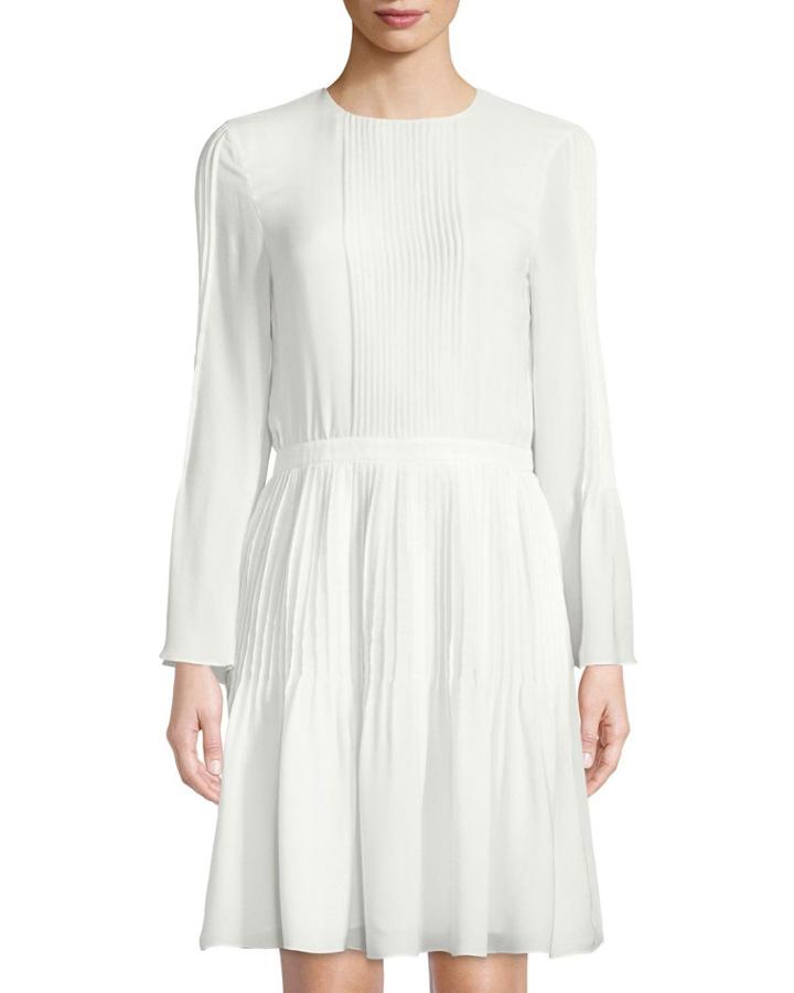Pleated Silk Bell-sleeve Dress