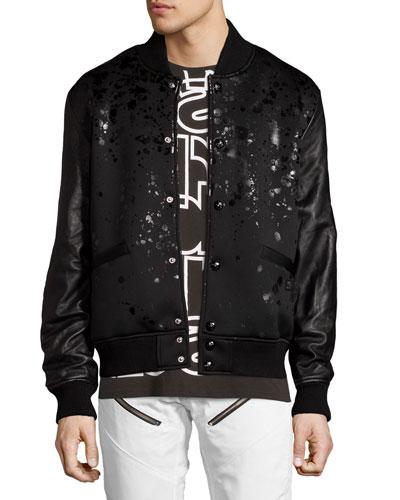 Leather-sleeve Splatter Bomber Jacket, Black